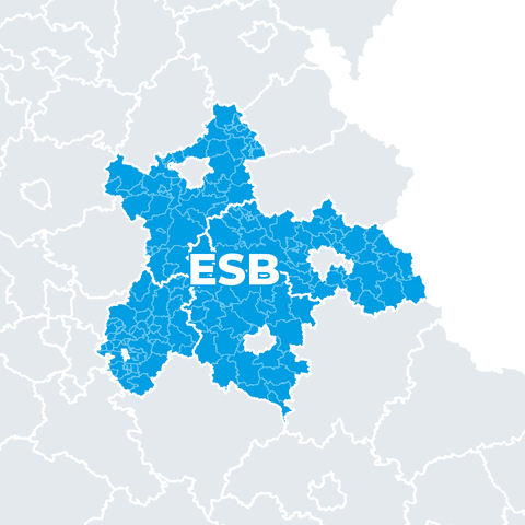 Karte Landkreis Neustadt an der Waldnaab, Landkreis Amberg-Sulzbach (B, F, G, I, O und Q 1–999), Landkreis Bayreuth (AT, BT, CT, DT, ... YT und ZT 1–99), Landkreis Nürnberger Land (N 1–999) (ESB)